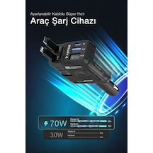 66w Araç Hızlı Şarj Cihazı Usb-c & İos Uyumlu Geri Çekilebilir Kablo Dijital Ekran 66w Black