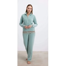Bicomi Kadife Dokulu Uzun Kollu Sweatshirt Ve Pantolon Takımı Yeşil