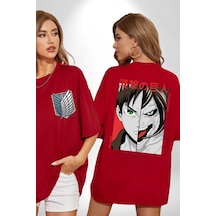Anime Titan Saldırısı Kırmızı Oversize Unisex Ön Ve Sırt Baskılı Tişört Kırmızı