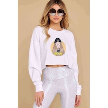 Skam Eva Baskılı Crop Kadın Beyaz Sweatshirt