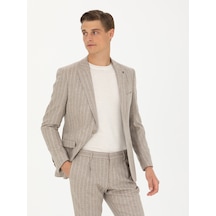 Cacharel Bej Slim Fit Yün Kaşmir Karışımlı Çizgili Klasik Ceket