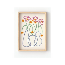 Ahşap Çerçeveli Renkli Çiçek Çizgi Sanatı Poster Minimal Line Art Duvar Dekoru Ahşap Çerçeveli 21 X 30