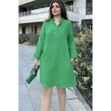 WeShaya Kadın Yeşil Hakim Yaka, Katlamalı Geniş Kol, Midi & Oversize Kesim, Salaş Müslin Elbise Benetton