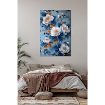 Çiçek Baskılı Cam Tablo Mavi Beyaz Floral Desenli Şık Dekoratif Duvar Tablosu