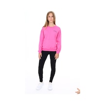 Toontoy Kids Toontoy Kız Çocuk 2'li Takım Baskılı Bisiklet Yaka Düşük Omuz Cepli Sweatshirt & Basic Düz Tayt Fuşya