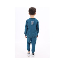 Toontoy Kids Toontoy Erkek Çocuk 2'li Takım Baskılı Bisiklet Yaka Sweatshirt & Beli Paçası Lastikli Jogger Eşofman Altı - Biye Detaylı 2 İplik Petrol Mavi