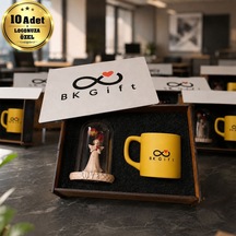 Logonuza Özel 10 Adet Kutulu Sarı Fincan Ve Aşk Perisi Fanus Seti Ahşap Kutulu Kurumsal Hediye Seti