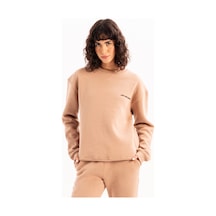 Justever Bisiklet Yaka Nakışlı Şardonlu İçi Polarlı Vizon Kadın Sweatshirt - Rigil Vizon