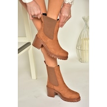 Fox Shoes T726981602 Taba Süet Lastikli Kalın Topuklu Kadın Bot Taba-Süet Taba