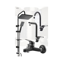 Mat Delta Siyah Robot Yağmurlama Tepe Duş Seti Banyo Lavabo Evye Batarya Seti Siyah