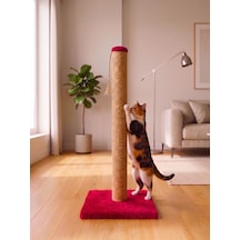 70 Cm Kırmızı Kedi Tırmalama Tahtası - Sağlam Tabanlı Jüt İpli Kedi Tırmalama Direği