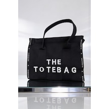 Ents Siyah Kadın Kanvas Tote Bag Günlük Omuz Çantası Büyük Boy Siyah - Beyaz