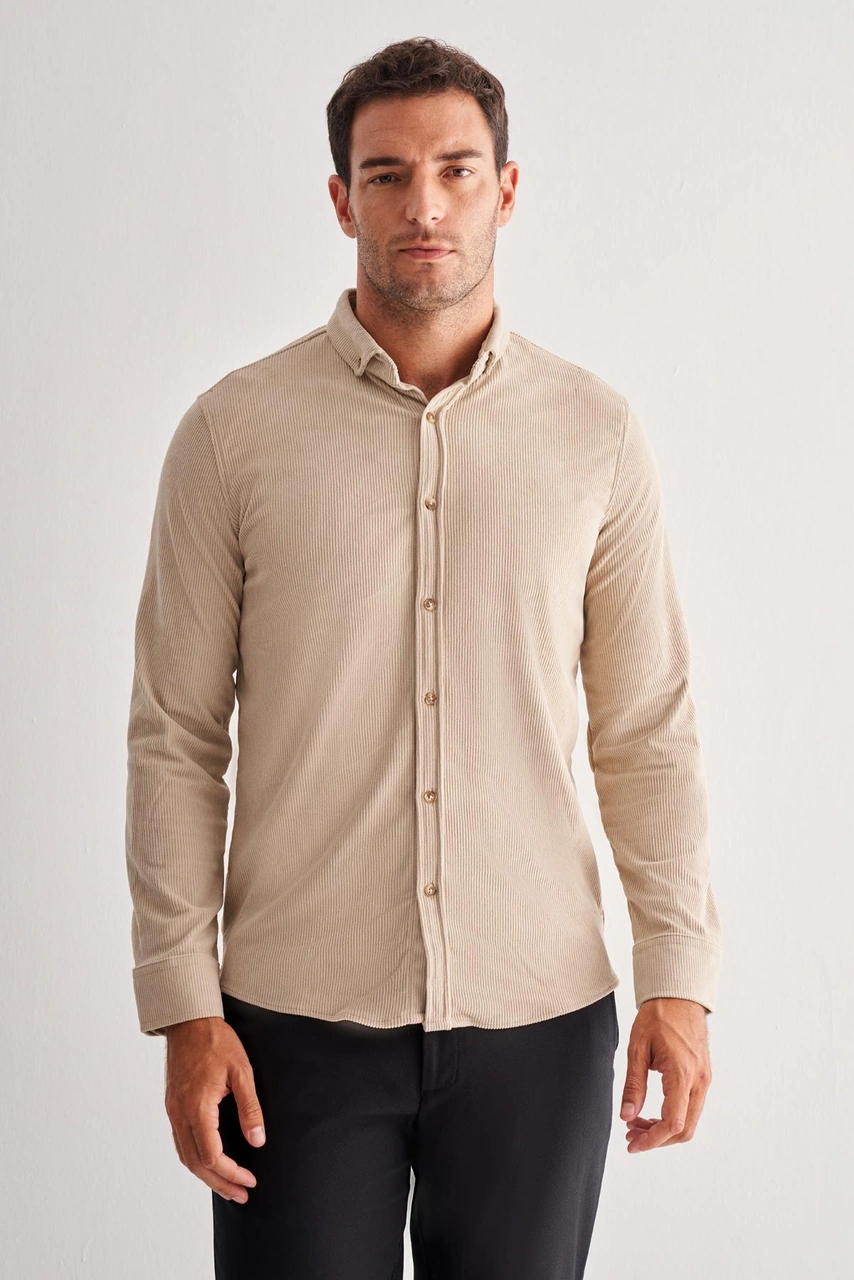 İmza Bej Smart Düğmeli Yaka Uzun Kol Cepsiz Slim Fit Casual Gömlek 1004255168 Bej