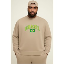 Benroma 3 İplik Penye Brazil Baskılı Büyük Beden Unisex Sweatshırt Bej