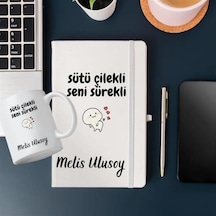Kişiye Özel Sütü Çilekli Seni Sürekli Tasarımlı Bardak Ve Deri Defter Hediye Seti