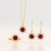 925 Ayar Gümüş Yuvarlak Kırmızı Taşlı Gold Anturaj Gümüş Set