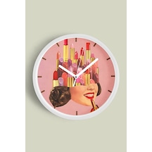 Lipstick - Ruj Modern Tasarım Duvar Saati - 42cm - Önü Camlı Beyaz Kasa - Sessiz Mekanizma Beyaz