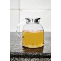 Qerhome Borosilikat Cam Metal Kapaklı Bitki Çayı Demliği & Sürahi 1800 Ml Şeffaf