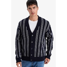 Defacto Relax Fit V Yaka Çizgili Düğmeli Triko Hırka F7279ax25wnnv64 Lacivert-nv64