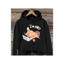Herkesemoda I'm Ok Kedi Baskı Detaylı Kapüşonlu Sweatshırt Siyah Siyah