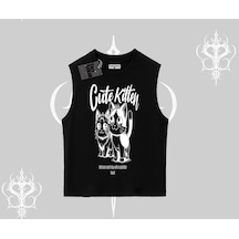 Tarzsokak Cute Kitten Yazılı Sevimli Kedi Baskılı Kolsuz Tshirt Siyah