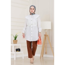 Sevitli Beli Bağcık Detaylı Geniş Yaka Tunik-beyaz-4991 Beyaz