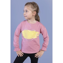 Toontoy Kids Toontoy Kız Çocuk Kol Ucu Lastikli Taş İşlemeli Baskılı Tişört Gülkurusu