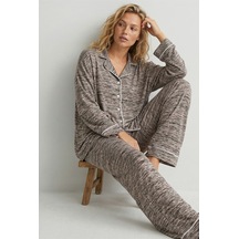 Siyah İnci Karışık Renkli Yumuşak Dokulu Triko Kışlık Örme Düğmeli Pijama Takım7954-5 Gri Karışık