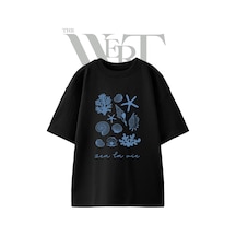 Thewert Deniz Kabuklari Mercan Tasarım Baskılı Ünisex Siyah Oversize T-shirt