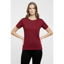 Kadın T-shirt Bisiklet Yaka Slim Fit Likralı Tişört Yazlık Basic Body - Bordo