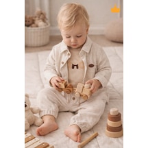 Babyhola Bayramlık Erkek Bebek Üçlü Takım Panda Baskılı Müslin Kumaş Mevsimlik Set 2201 Bej