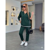 Veraura Lifestyle Kadın Uzun Kollu Fermuarlı Şerit Detay Desenli Alt Üst Ikili Viskon Iki Iplik Takım Yeşil