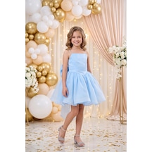 Butik Happy Kids Kız Çocuk Prenses Abiye Elbise Büyük Kurdele Detaylı Zarif Tasarım Çocuk Abiye Elbise 6-13 Yaş Bebe Mavi