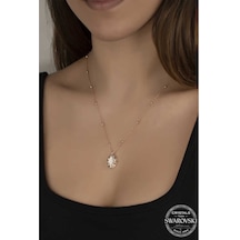 Gumush  Swarovski Crystal Taşlı Rose Top Zincir Oval Gümüş Kadın Kolye