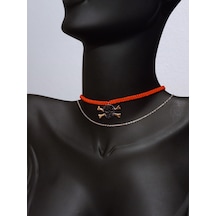 Gümüş Gold Kuru Kafa Kırmızı İp Tasarım Kadın Choker Kolye