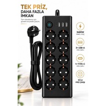 10 Lu Akım Korumalı Priz 3680w 3 Usb-a + 1 Type-c Hızlı Şarj 2 Metre Kablo 0 - 2 M
