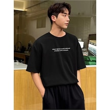 T-shirt - Baskılı Oversize Bisiklet Yaka Kısa Kol Beyaz Tişört Siyah