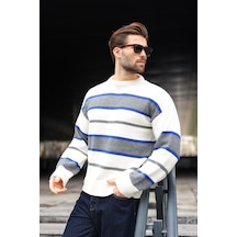 Kemik Rengi Çizgili Bisiklet Yaka Triko Erkek Kazak E7455 Kemik Rengi