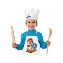 Kişiye Özel Küçük Chef Karikatürlü Erkek Çocuk Mutfak Önlüğü Aşçı Şapkası Seti-4 Bej