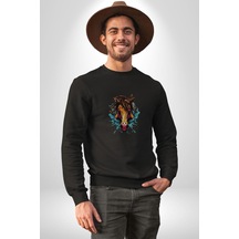 At Kafası Renkli Unisex Siyah Baskılı Sweatshirt Siyah