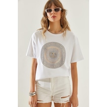 Shade Kadın Bisiklet Yaka Taş Detaylı Basic Penye T-shirt 60251238 - Beyaz