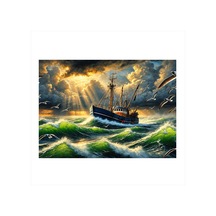 Fırtınalı Deniz Ve Gemi Hediyelik Ahşap Tablo