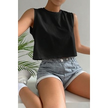 Siyah %100 Pamuk Basic Bisiklet Yaka Süprem Kolsuz T-shirt Siyah