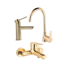 3 Lü Set Kaliteli Gold Lüx Gövde Mutfak Eviye Kartal Lavabo Ve Banyo Musluğu Bataryası Altın