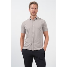 İmza Bej İtalyan Yaka Kısa Kol Cepsiz Slim Fit Esnek Gömlek 1004260159 Koyu Bej