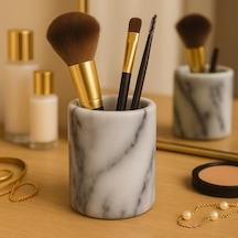 Lüks El Oyması Doğal Mermer Diş Fırçası Ve Makyaj Fırçası Tutacağı - Banyo, Vanity, Ofis Ve Masa Organizatörü İçin Ağır Hizmet Tayvan Yushan Taşı 8,4 Cm X 11,5 Cm, Off-beyaz Açık Ahşap