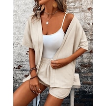Butik İstanbul Kadın Kısa Kollu Önü Açık Bürümcük Ceket Ve Şort Ikili Takım Bej