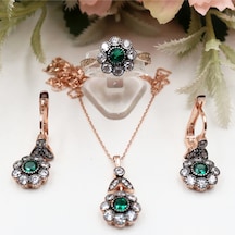 Yeşil Taşlı Papatya Model Set Rose Gold - Gümüş