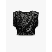 Koton Slim Fit Pullu Payetli Bisiklet Yaka Kısa Yarasa Kol Abiye Bluz Siyah 7wak60045fk