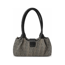 Levano Leather Premium Hakiki Dana Derisi Kadın Omuz Çantası Desenli Fermuarlı Günlük El Çantası Siyah Bej 30x15 Çok Renkli